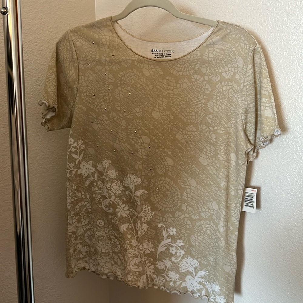 Basic Edition tan and gold embellishments top-NWT